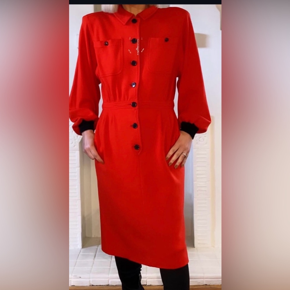 Vintage Valentino Miss V Red Long Sleeve Dress with Black Buttons